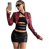 WDIRARA Women's Faux Leather Crop Moto Bike Jacket Open Front Long Sleeve Outerwear Streetwear