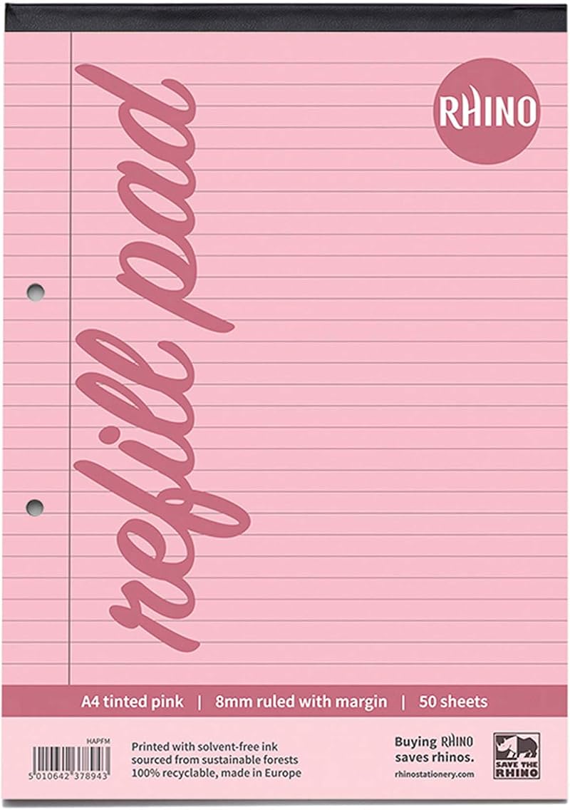 Rhino A4 Refill Pad 100 Pages 8mm Lined Blue-Tinted Paper 1 Pack Pink Border