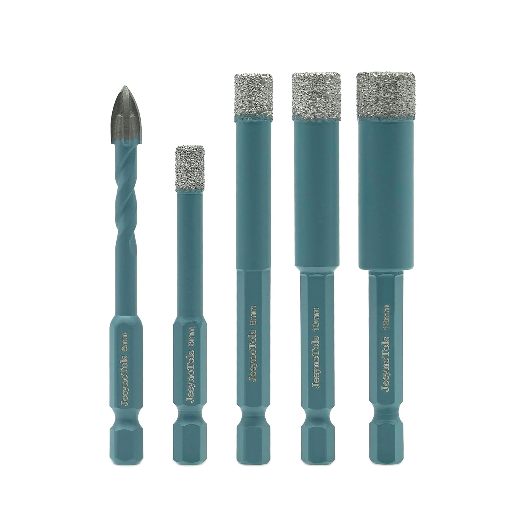 JeeynoTols Dry Diamond Drill Bits Set 4pcs 6/8/10/12mm - Diamond Hole Saw & 1pc 6mm Carbide Drill with Quick-Fit Hex Shank for Ceramic Porcelain Tile Marble Granite Quartz — image 1