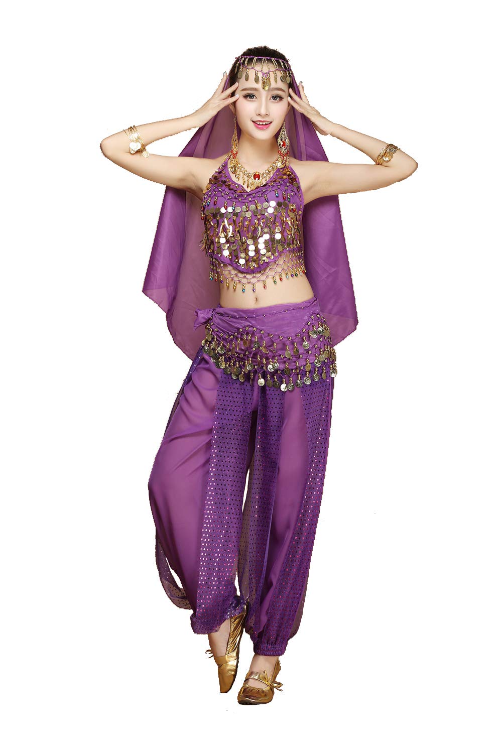 Womens Belly Dancer 4-Piece Costume Set Outfit with top Pants Head Veil Hip Scarf for Arabian Egyptian Dancing (Purple)