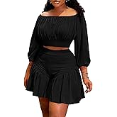 Ophestin Plus Size 2 Piece Outfits for Women Off Shoulder Lantern Sleeve Top Ruffle Trim Shorts Vacation Matching Sets