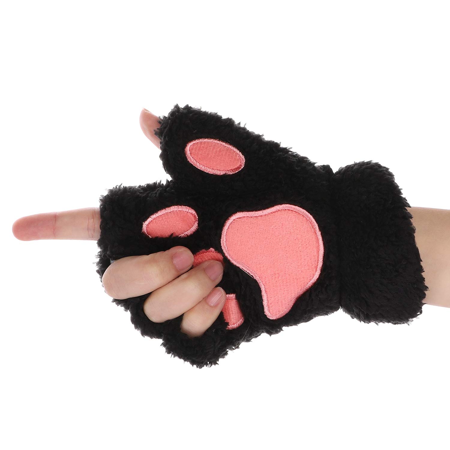 IBLUELOVER Women's Cat Paw Winter Gloves - Plush Warm Cosplay Gloves - Half Finger Cute Bear Claw Thermal Mittens for Halloween & Party Fancy Dress