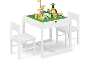 4NM 3 in 1 Kids Table Set for 2, Children Table and Chairs, Toddler Play Activity Table with Hidden Storage Wood Building Block Table Desk for Ages 3-7 - White Green