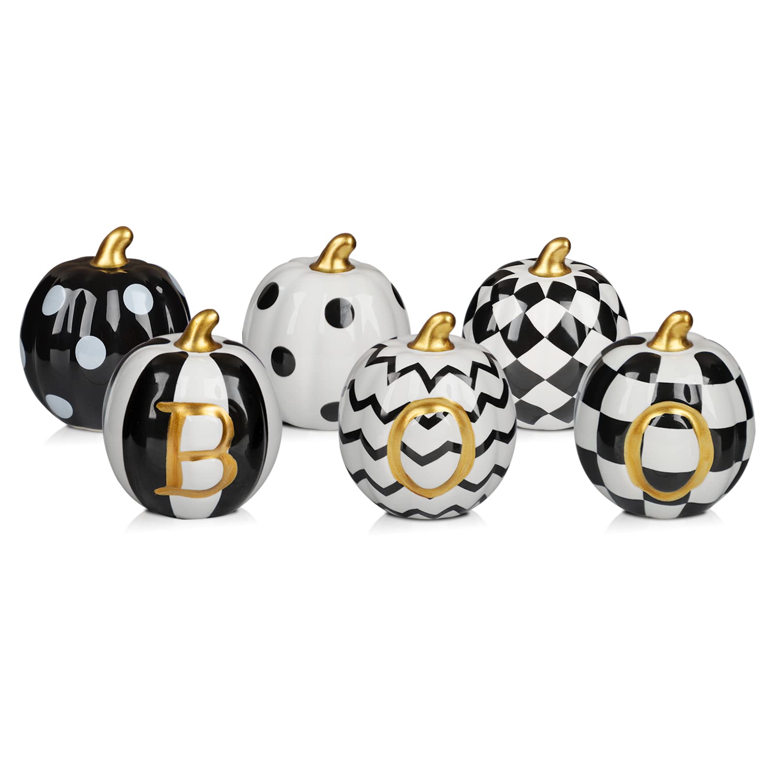 Photo 1 of DAZONGE Halloween Decorations Indoor - Set of 6 Ceramic Halloween Pumpkin Decor - Assorted Black and White Boo Pumpkins for Fall Autumn Home Decor
