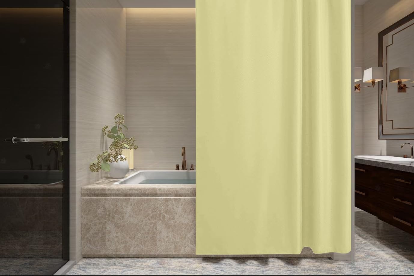 ProBytes Polyester Shower Curtain - Water Repellent Fabric,180 x 180 CM, 71 x 71 In, 12 Rail Hooks, Mildew Resistant, Machine Washable, Soft & Elegant Colours, Bathtub, Bathroom, Wet Room Soft Yellow
