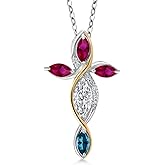 Cross Necklace For Women In 925 Silver and 10K Yellow Gold Lab Grown Diamond and Created Ruby and London Blue Topaz | 1.54 Cttw | Jesus Christian Religious Crucifix | Marquise 8X4MM | 18 Inch Chain