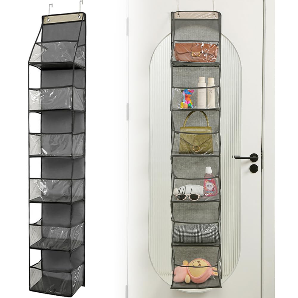 YqsIbth Over Door Storage Organiser, 6-Shelf Clear Window Pockets Organizer, Bedroom Over the Door Organiser, Behind The Door Hanging Organizer for Closet Nursery Bathroom Dorm(Grey)