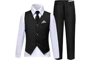 LOPEN STU Boys Suit Formal Dress Pants Vest Suit Set for Boys Wedding Outfits with Dress Shirt Tie and Pocket Square