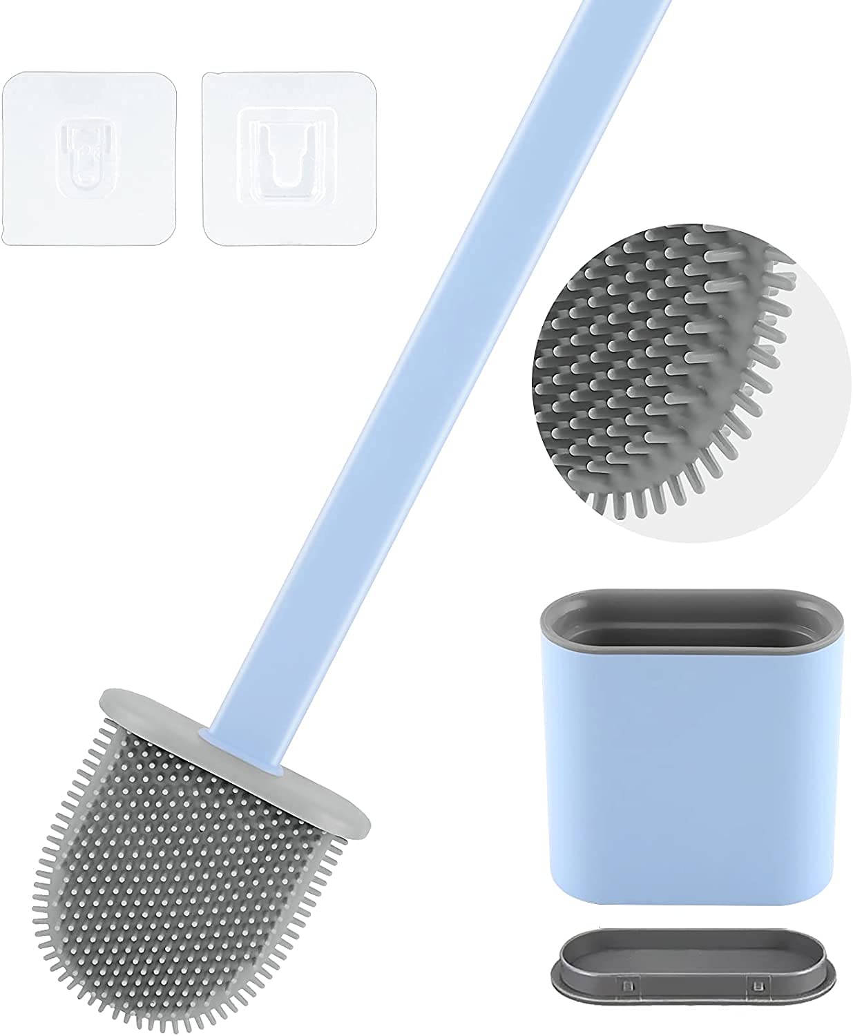 Toilet Brush with Holder -- TPR toilet Brush with No-Slip long plastic handle, Bathroom quick drying Cleaning brush with base holder (Flooring & Wall Amounted) (Blue)