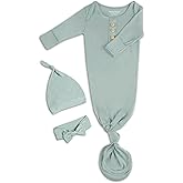 Newborn Baby Knotted Gown, Super Soft Silky Infant Long Sleeve Sleeper with Tie Bottom, Baby Girl and Boy Sleep Gown with Mittens, Bow, and Hat Set Light Grey Green[Light Grey Green,0-3 Months]