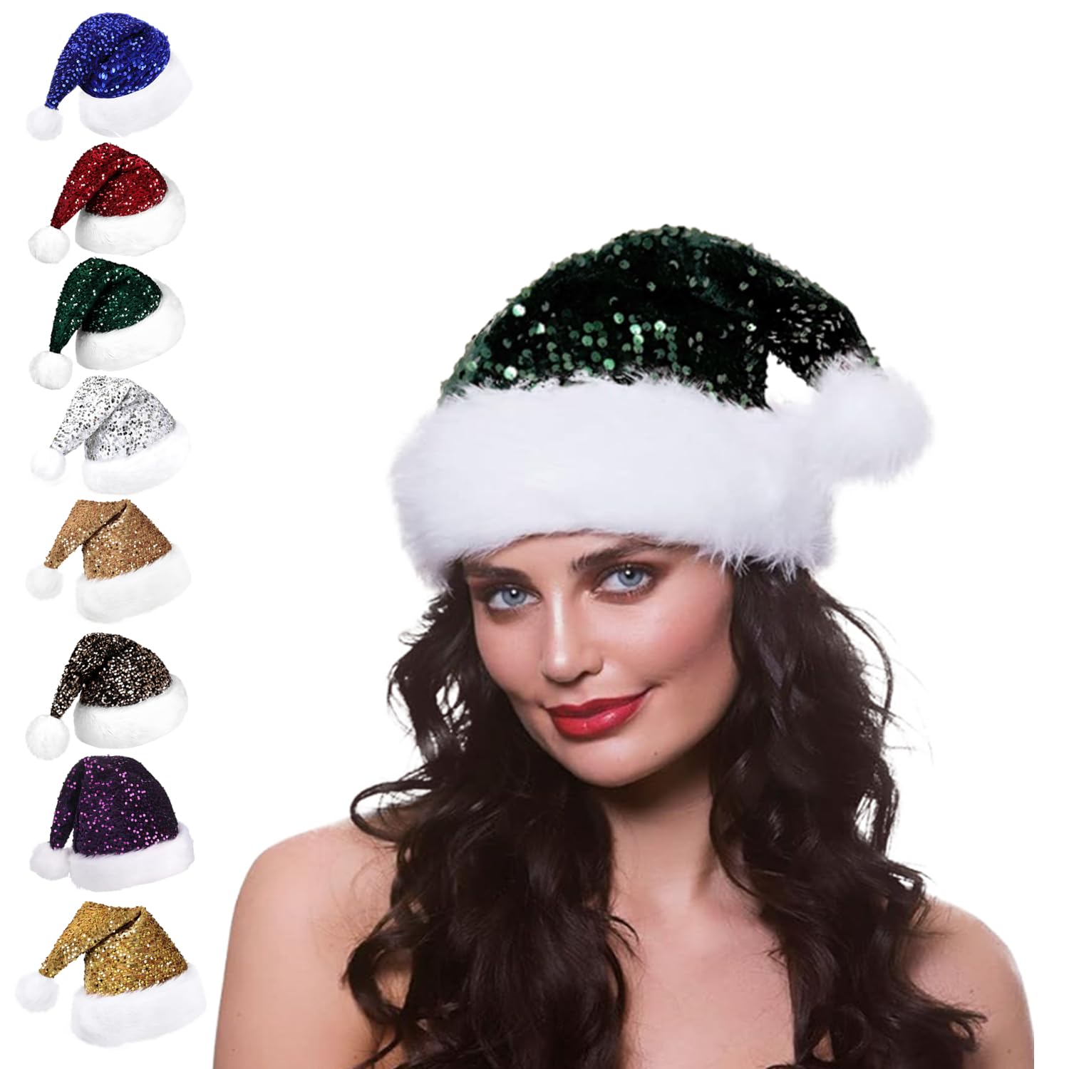 Sequin Dark Green Christmas Hat Santa Hat for Adult,Shiny Sequin Plush Santa Claus Hats,Unisex Velvet Father Christmas Hats Costume,Adult Christmas Party HatCap for Xmas New Year Festive Gift