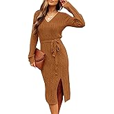 MEROKEETY Women's Winter Spring Long Sleeve Sweater Dress 2026 Fall V Neck Cable Knit Slit Bodycon Midi Dresses
