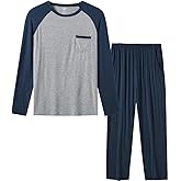 MoFiz Mens Pajama Sets Comfy Long Sleeve Sleepwear Top Solid Pyjama Pants with Pocket 2 Piece Loungewear PJs Sets for Men