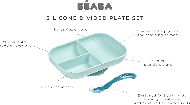 Conjunto de comida, Prato de silicone compartimentado com ventosa + Colher de silicone, adere à mesa/cadeira alta, compatível com micro-ondas, azul