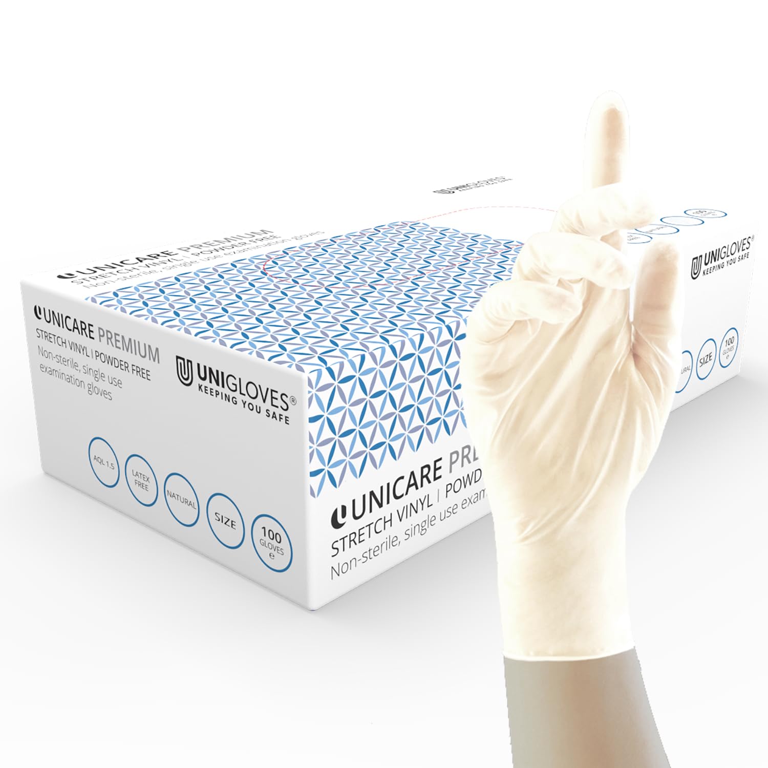 UNIGLOVES Unicare Premium Stretch Vinyl Disposable Gloves, Powder Free, Latex Free, Heavy Weight, Box of 100 Gloves, Natural, Size Extra Large (GU0075-A)