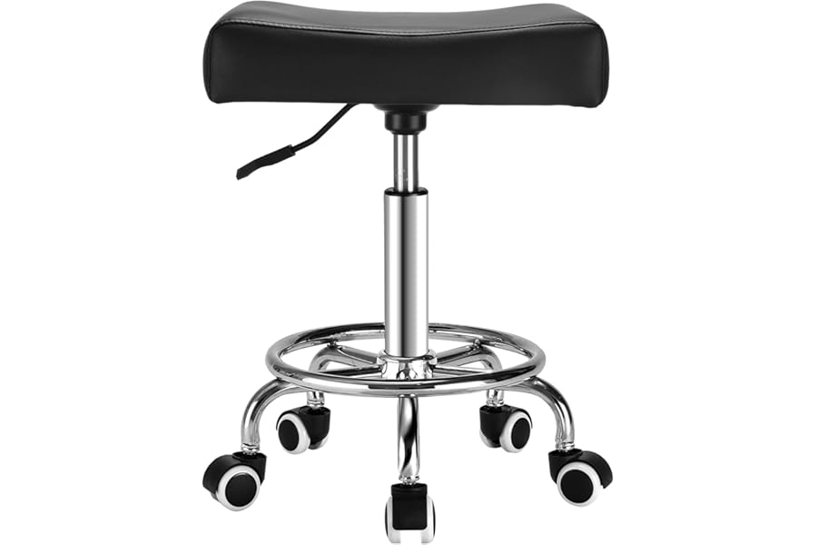 Square Salon Rolling Stool – 300lbs Weight Capacity，Adjustable Swivel Stool with Wheel，Pu Leahter Comfortable Cutting Stools for Salon Tattoo Stylist Massage Perfect for Work SPA (Premium Black)
