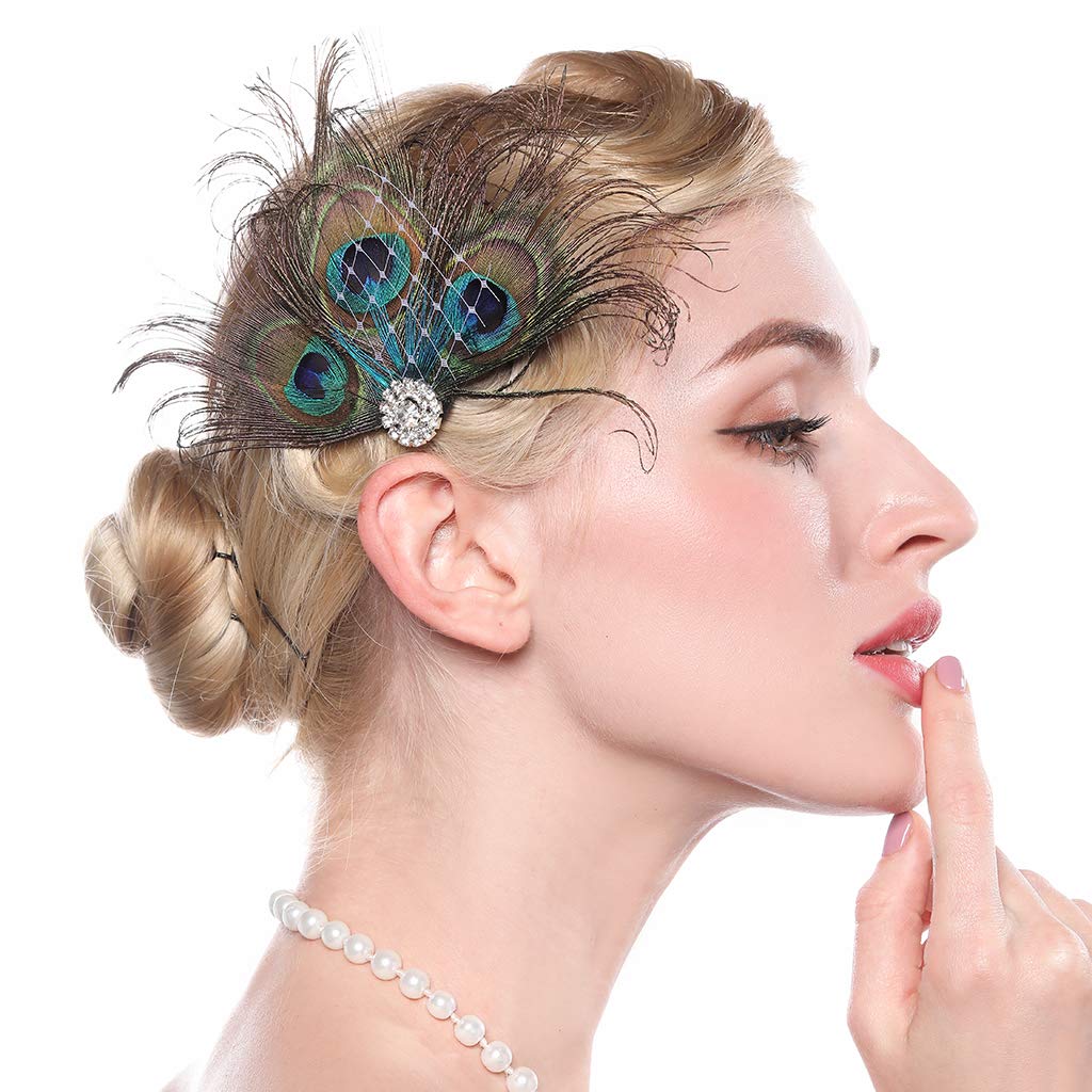 Anglacesmade 1920s Flapper Peacock Feather Hair Clip Crystal Great Gatsby Hair Piece Vintage Roaring 20s Prom Party Festival Hair Accessories for Women and Girls