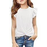 Haloumoning Girls T Shirts Ruffle Sleeve Twist Front Tshirts Summer Casual Crewneck Tees Tops 5-14 Years