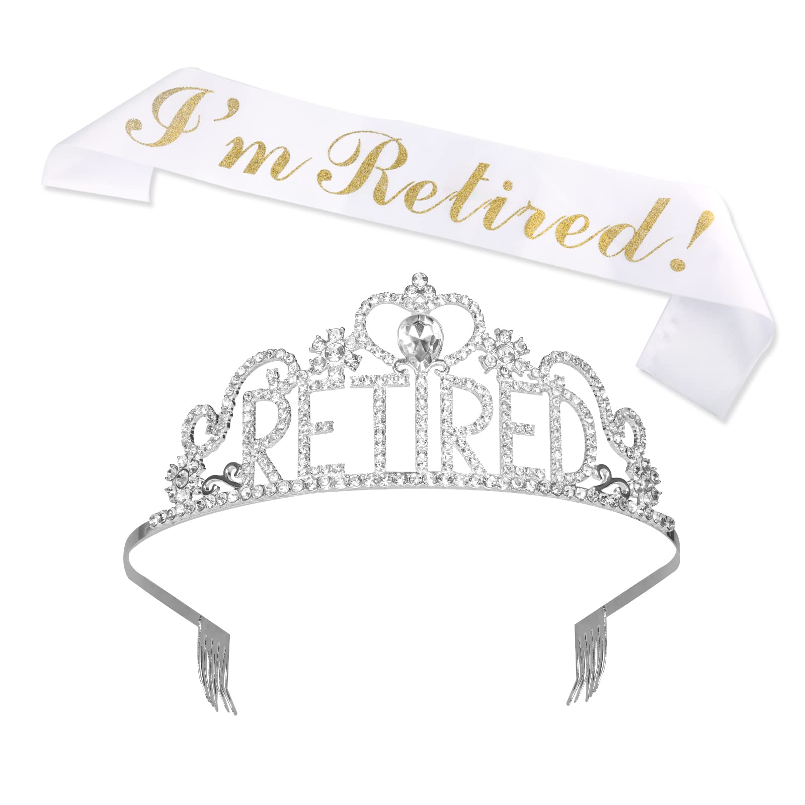 KINBOM 1 Set Retirement Crown and Sash, Glitter Rhinestone Officially Retired Crown and Retired Sash Retirement Party Decorations Supplies for Women (Silver, White, Golden)
