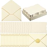50 Set A7 Assorted Colors Envelopes 5 x 7 V Flap Card with Gold Border, Printable Blank Invitation Envelopes with Stickers for Breast Cancer Day Christmas Greeting Birthday Baby Shower(Cream)