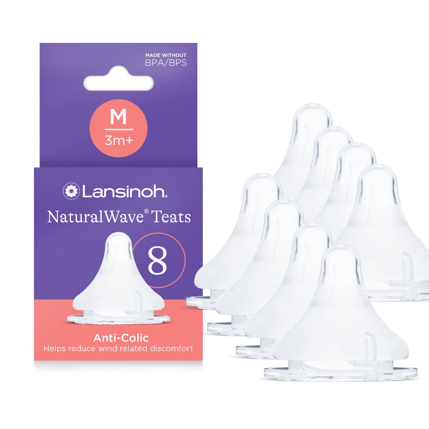 Lansinoh NaturalWave Baby Bottle Teats - Medium Flow - 8 Pack - Anti-Colic Air Vent - BPA & BPS-Free - Clinically Proven to Reduce Nipple Confusion - Compatible with Lansinoh Bottles