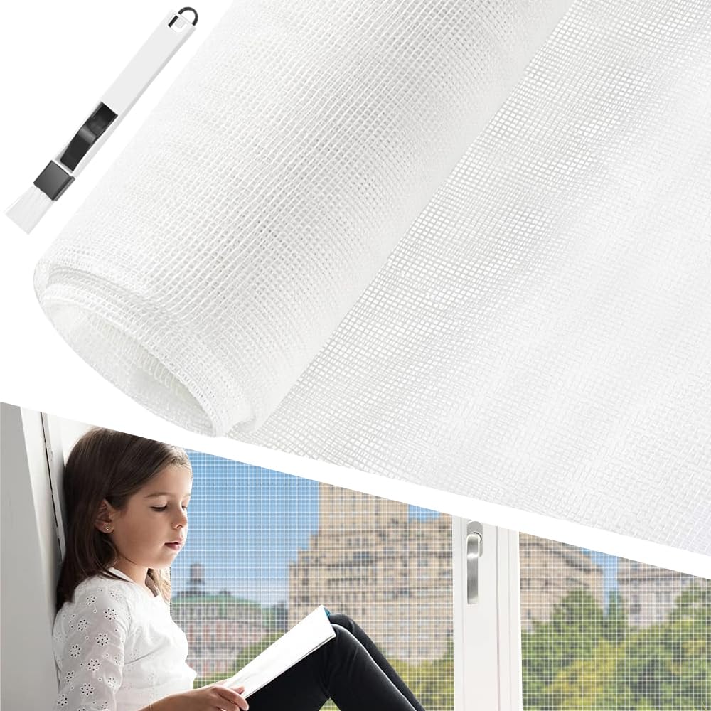 BUZIFU Window Screen Mesh 100x250cm Fly Screen Fiberglass Window Screen Mesh Insect Mesh Window Mosquito Window Net Cat-Proof Window Net with A Cleaning Brush for Windows and Doors(White)