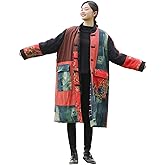 MOYUYUNJIAN Women's Quilted Windbreaker Stand Collar Long Jacket Printed Retro Patch Coat