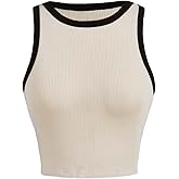 WDIRARA Women's Contrast Binding Round Neck Sleeveless Rib Knit Crop Tank Top