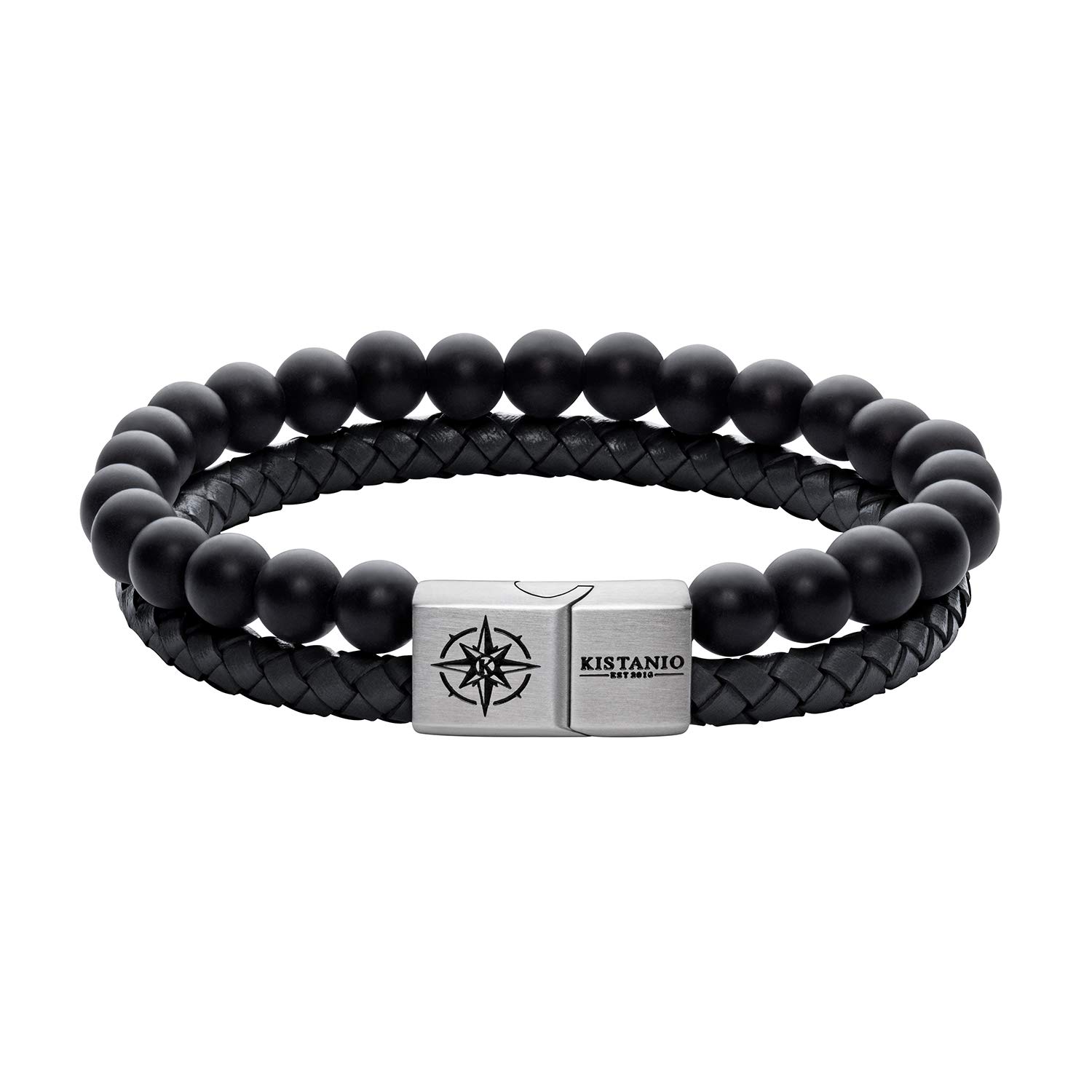 Kistanio Leather Bracelet Onyx Black KIS-MBRA-L-Ony 22 cm 22 centimeters Black/silver
