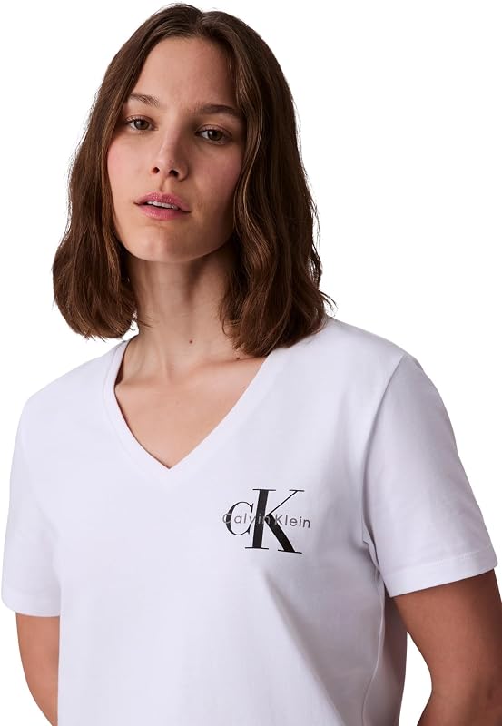 T-Shirts Manches Courtes Lot de 2 Femme Logo Tee avec Col en V, Blanc (Brilliant White), XXS — photo 2 sur 4