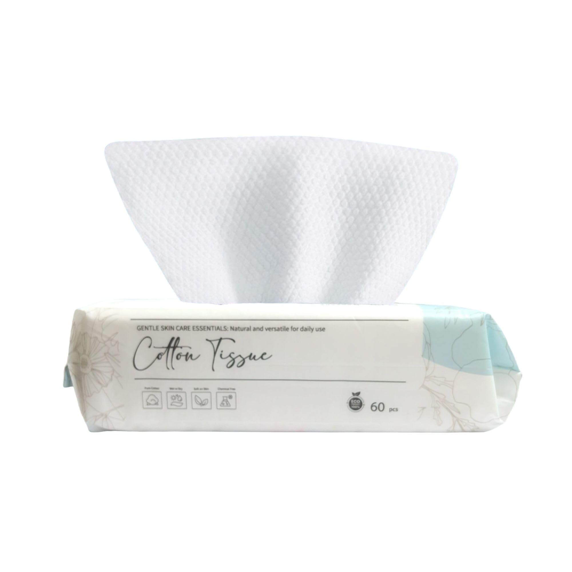 Disposable Face Towels, 60 Count Soft Pure Cotton Dry Wipes for Sensitive Skin, Unscented Biodegradable Cotton Tissues Wet and Dry Use for Baby and Make-Up Remover Wipes