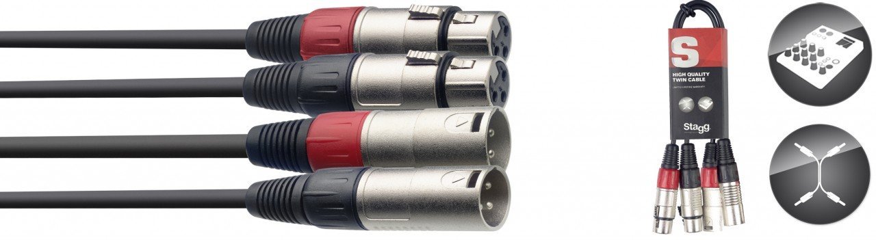 Stagg 18324 60 cm 3 Pin 2x XLR Male/2x Female RCA Connector Twin Cable - Black