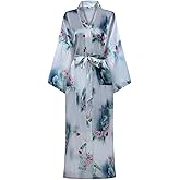DandyChic Women's Long Floral Satin Robes Imitation Silk Sleepwear Bridal Dressing Gown for Bridesmaid Nightgown