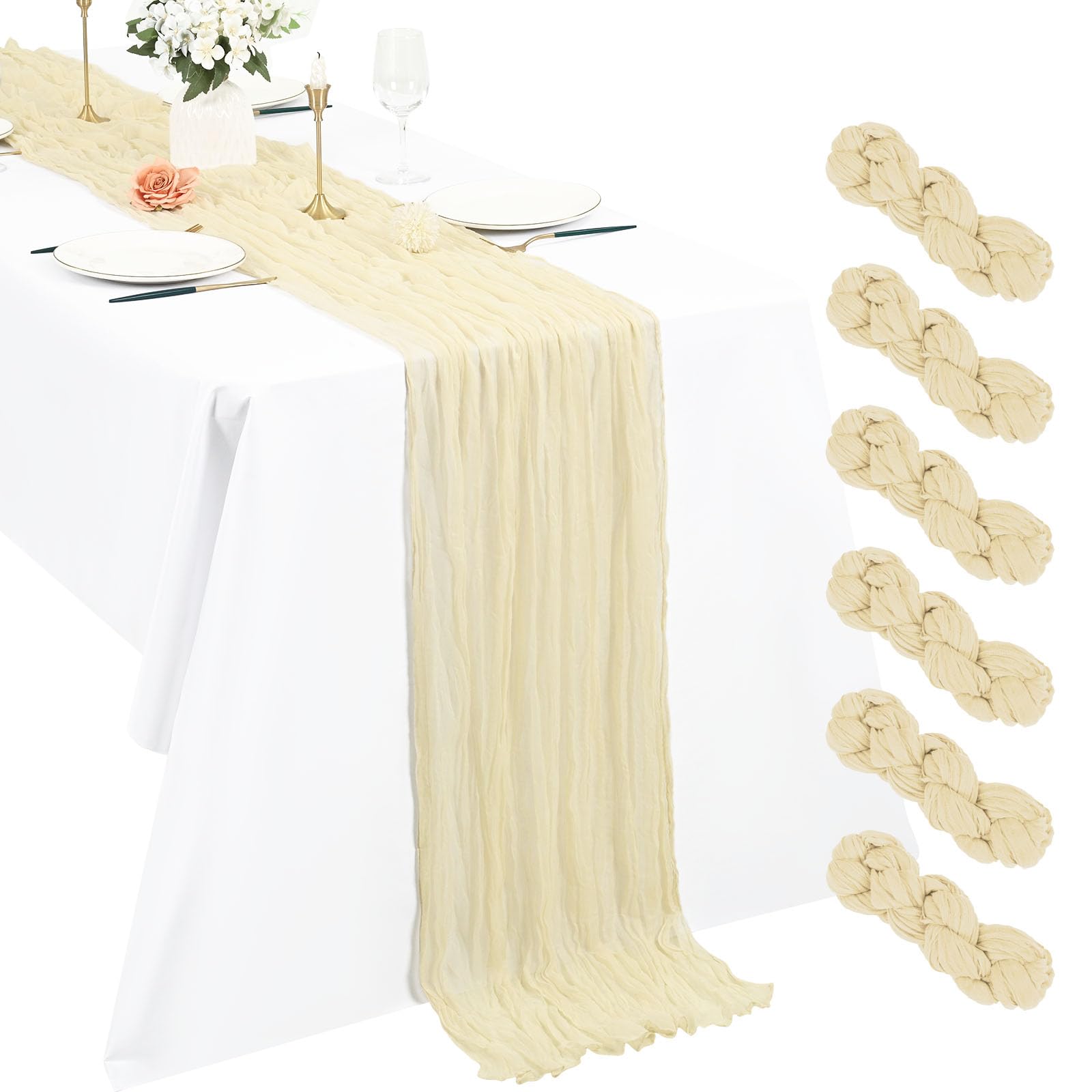 Pesonlook 6 Pack Ivory Cheesecloth Table Runner, 10Ft Boho Gauze Table Runner 21×120 Inch Rustic Romantic Long Table Runner for Wedding Party Bridal Shower Thanksgiving Christmas Decoration