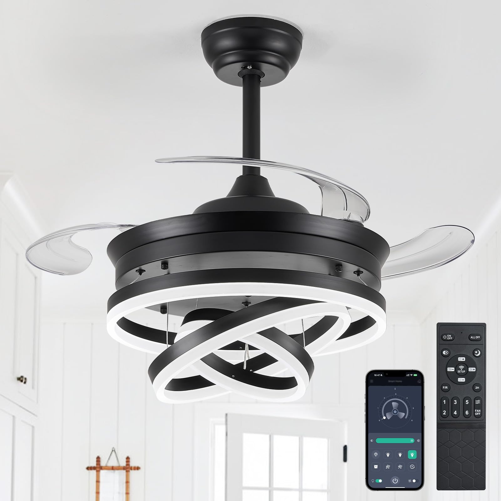 Photo 1 of 42 Inch Retractable Ceiling Fans with Lights, Remote/APP Control Ceiling Fan, Modern Fandelier Ceiling Fan with 6 Speeds LED Dimmable 3CCT Chandelier Fan for Bedroom Living Room Dining Room, Black