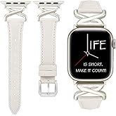 Leather Bands Women Compatible with Apple Watch 40mm 38mm 44mm 45mm 41mm 42mm 46mm 49mm Dressy Slim Strap With Designer X-Shaped Metal Crown for iWatch Series Ultra/SE/10/9/8/7/6/5/4/3/2/1 Starlight