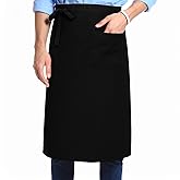 WJIAAA Half Bistro Aprons with Pocket, 26.7'' Black Long Waist Ties Half Waist Polyester Stain Resistant Reversible for Bistro Servers Chefs BBQ Waiters and Front House Staff Men Women