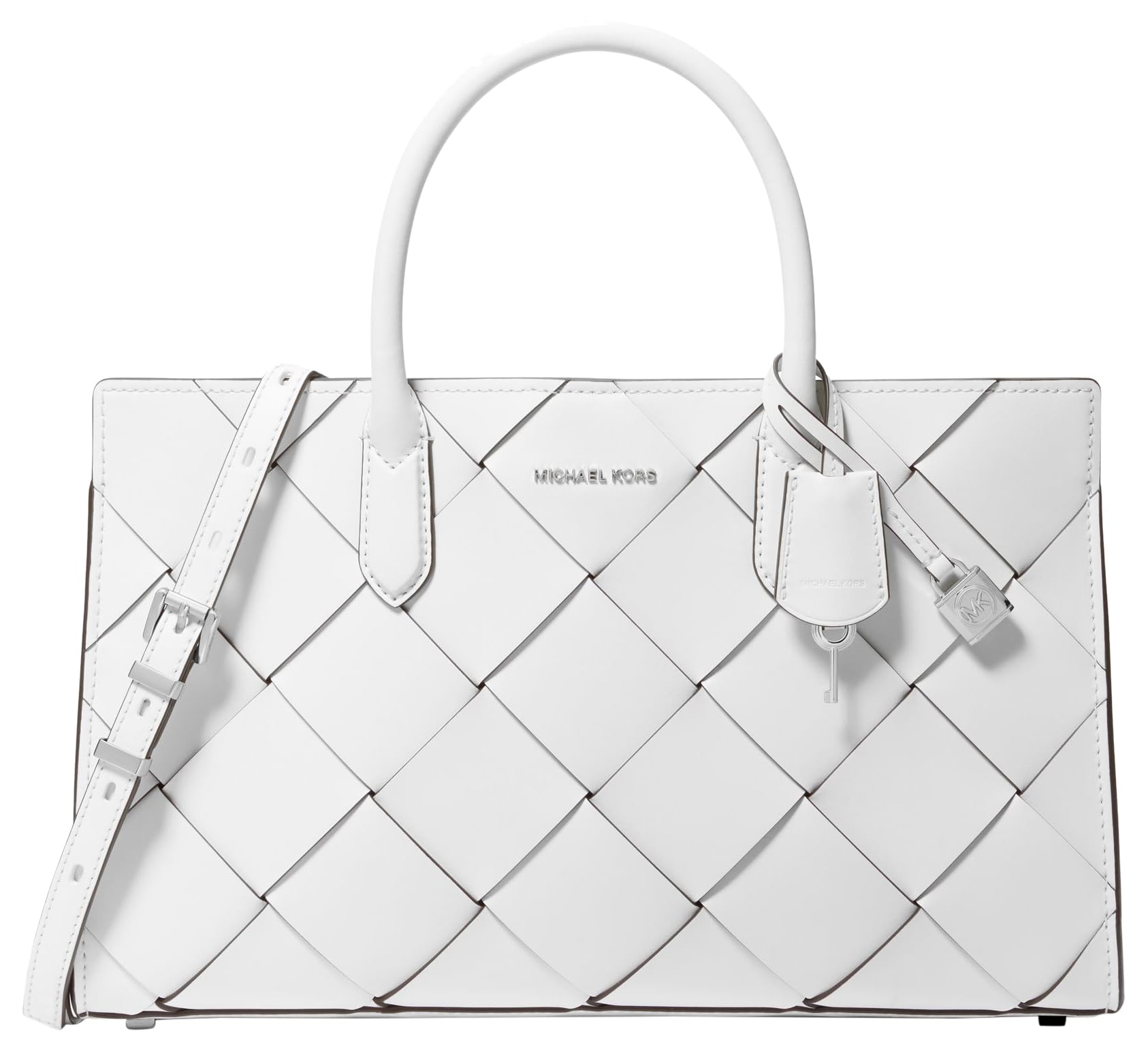 Michael Kors Scarlett Medium Satchel, Silver-Tone Hardware/Woven Leather/Optic White, One Size