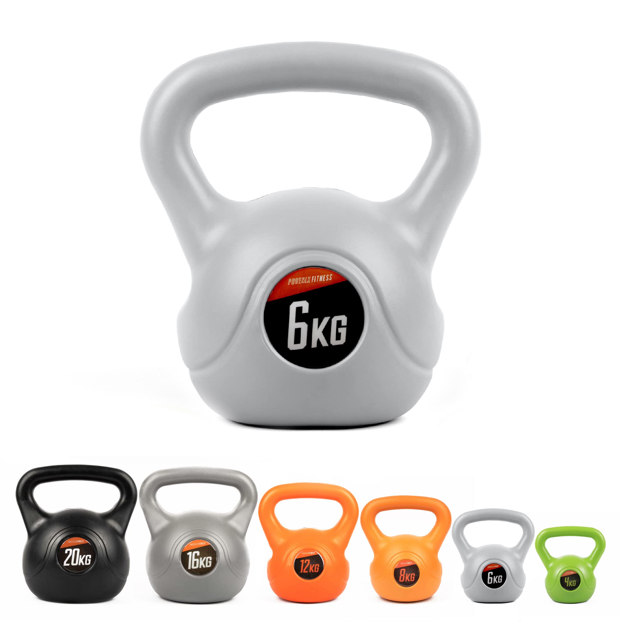 Phoenix Fitness Vinyl Kettlebell - Heavy Weight Kettle Bell for Home Gym Workout Equipment Strength Fitness Pilates Weight Training - Silver 6kg