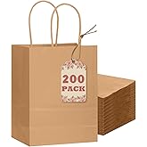 qiqee 200-Packs Brown Paper Gift Bags with Handles Bulk 8.3"x6"x3.15" Small Size Paper Bags Multiple Uses