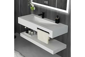 Gesipor 48"x19" Wall-Mount Stone Resin Bathroom Sink Rectangular Vessel Sinks for Bathroom Floating Vanity Sink Trough Modern Art Basin with Shelf Layer