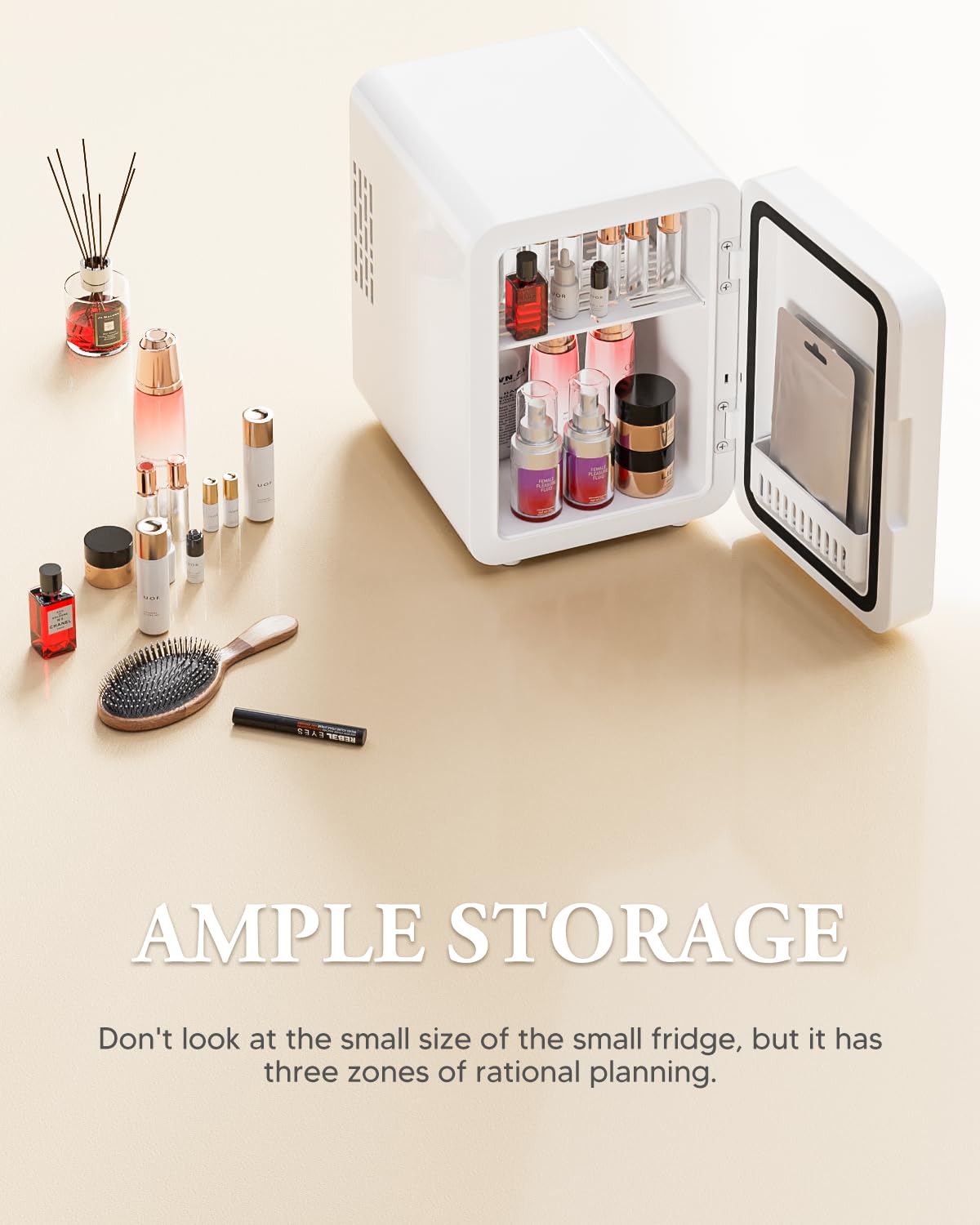 Portable Mini Fridge for Skincare Beauty Cosmetic Makeup, 4-Liter Thermoelectric Cooling and Warming Skin Care Refrigerator With Mirrored Door and Dimmable LED Light, White