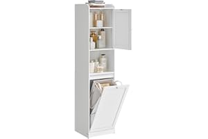VASAGLE Tall Storage Cabinet, Storage Unit with Removable Laundry Basket, Compartment and Cabinet, for Bathroom, Living Room, 15.8 x 15.8 x 66.9 Inches, Cloud White UBBC761W01