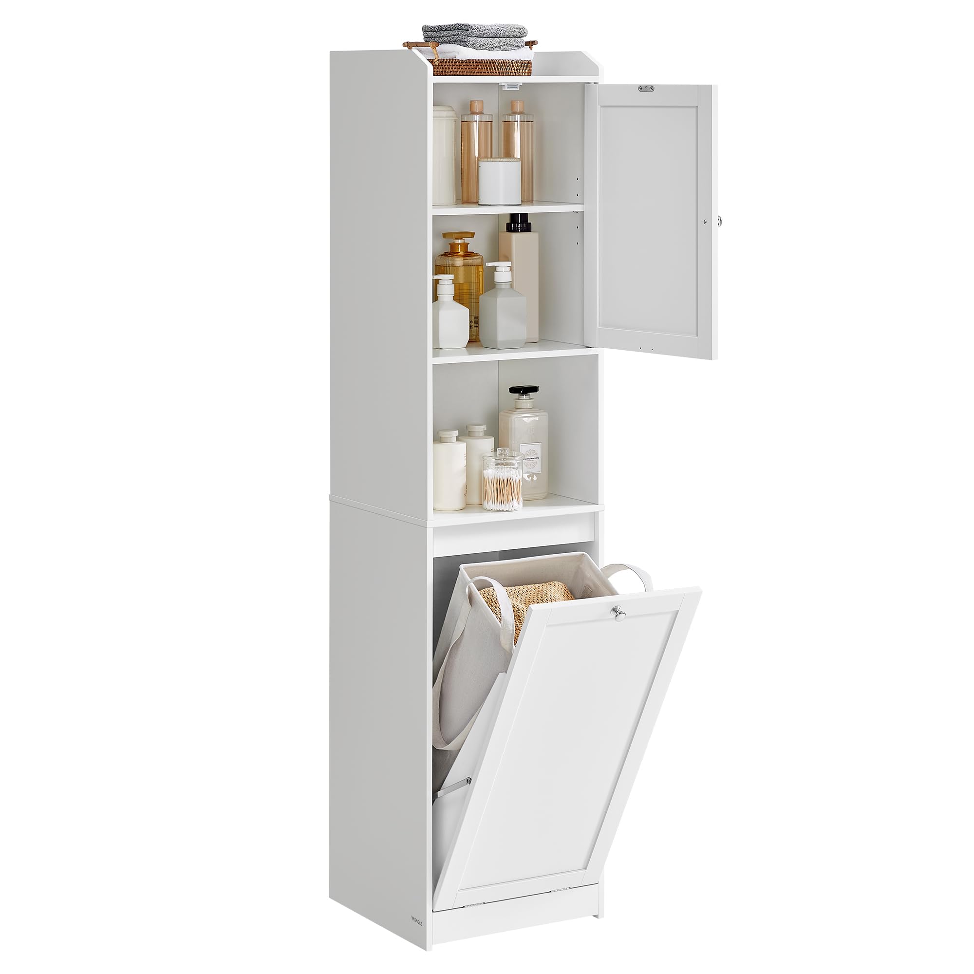 Photo 1 of ***PARTS ONLY***VASAGLE Tall Bathroom Cabinet with Laundry Basket, Removable Laundry Basket with Handles, Compartment with Door, Linen Tower, 15.8 x 15.8 x 66.9 Inches, Cloud White UBBC761W01