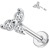 Designfy 14K Yellow/White/Rose Gold Threadless Earring Top Push in 1 Pcs Triple Clear CZ Flat Back Nose Stud Threadless Cartilage Earring Helix Stud Tragus Piercing Jewelry for Women 6mm/8mm