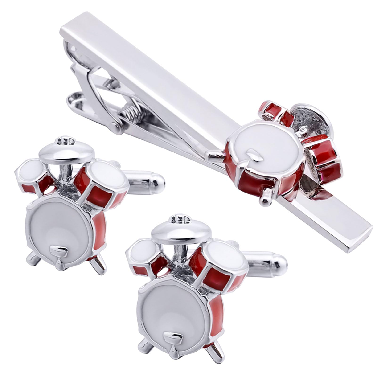Jonwo Drum Kits Men Cufflinks and Tie Clip Set Silver Tone Regular Necktie Tie Bar Clip Cuff Links for Music Fans (Drum Kit Cufflinks & Tie Clip Set)