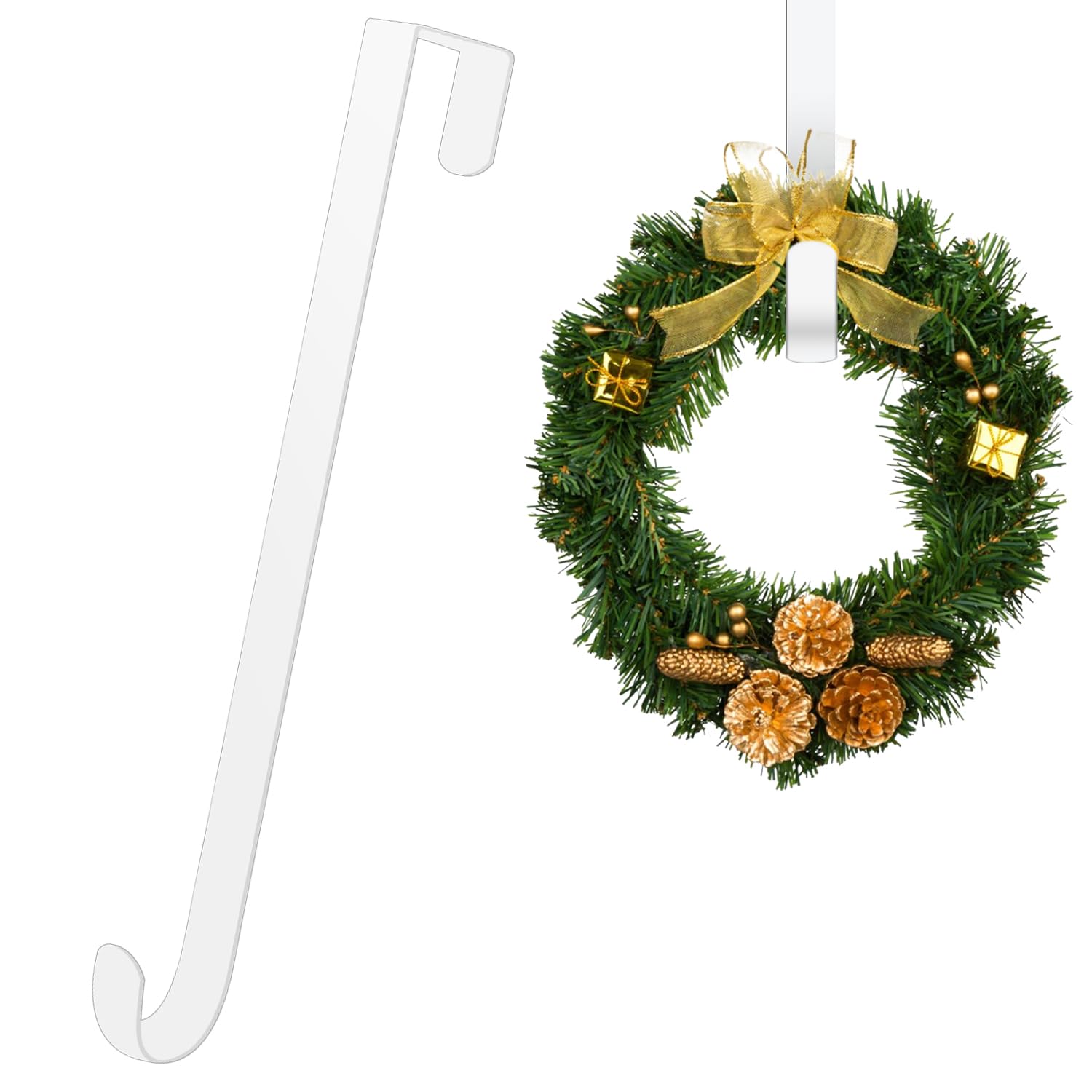 CHEERYMAGIC Christmas Metal Wreath Hanger, 31 x 2.5cm White Wreath Door Hanger Over Door Wreath Hook Holder for Christmas Home Office Wall Wedding Wreath Display A7HHGG (White)
