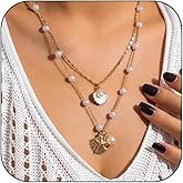 MEMFALL Shell Necklace Gold Layer Seashell Necklaces for Women Boho Beach Shell Necklaces Summer Vacation Pearl Starfish Necklace
