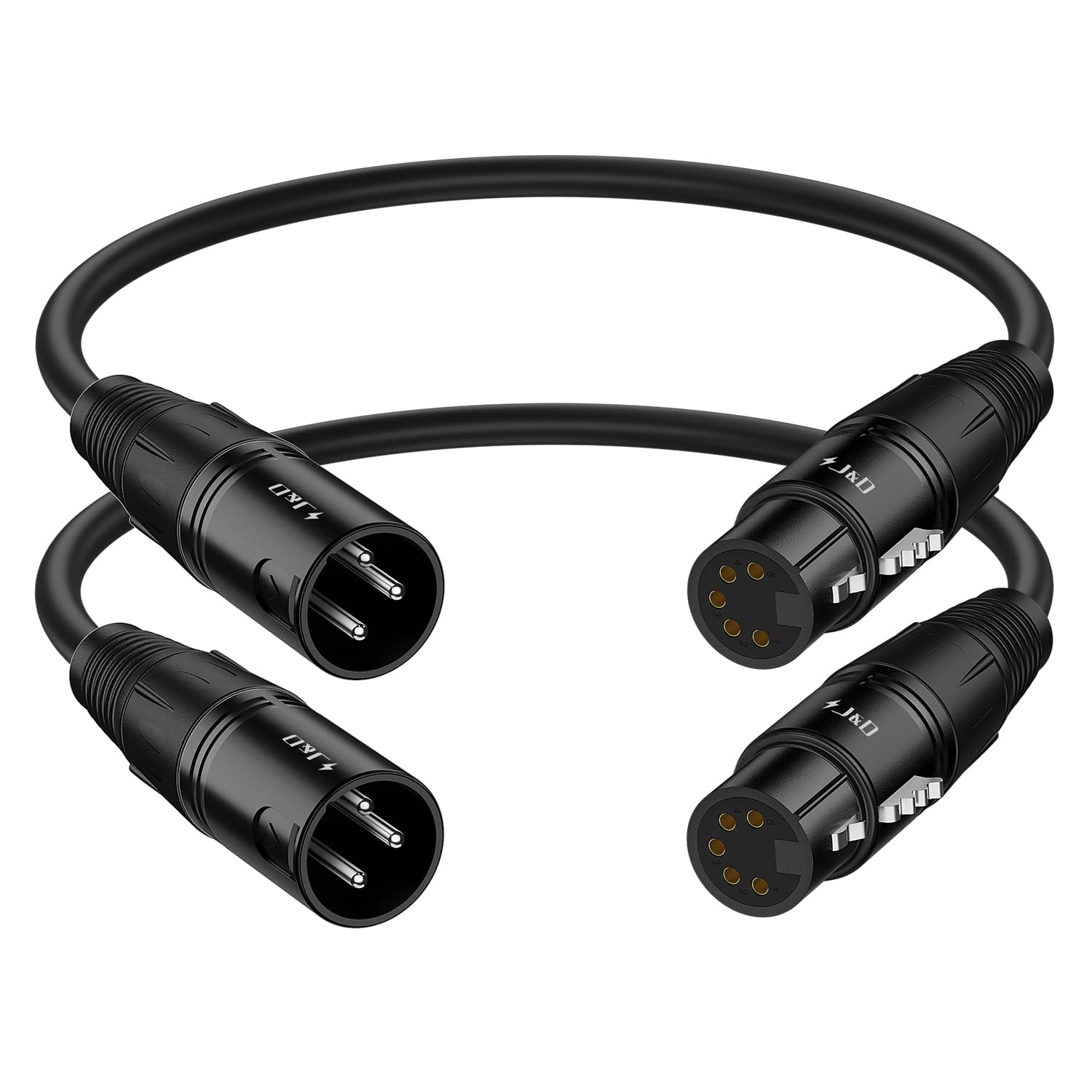 J&D XLR 3 Pin Male to 5 Pin Female Cable - 2 Pack, 30 cm Turnaround DMX Stage Cable, Professional Audio and Lighting Equipment for Sound Systems, Mixers, and Stage Performances