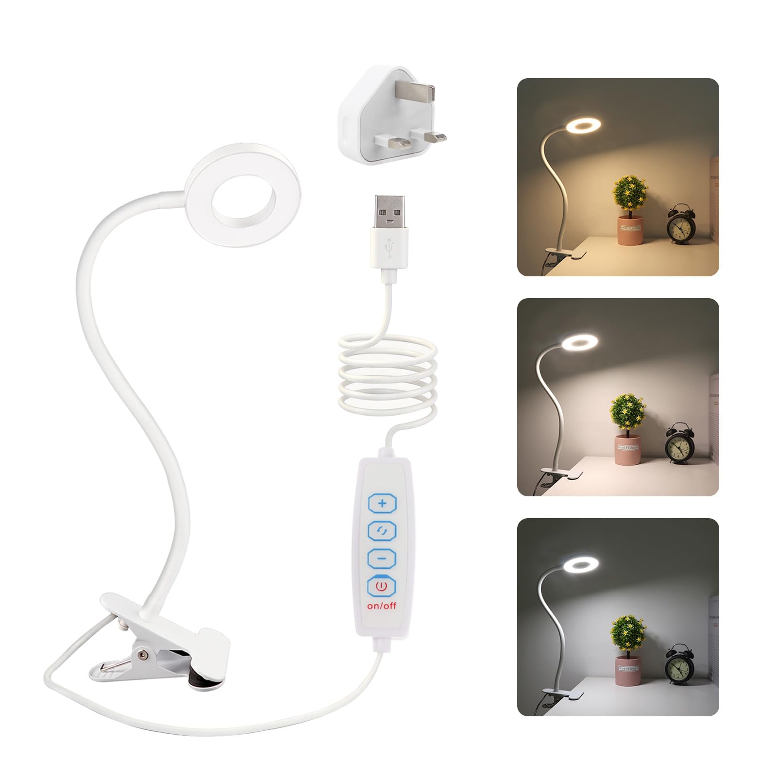 SCNNC White Reading Light LED Clip On Lamp Desk Clamp Lamp, 3 Colors Mode 10 Dimmable Brightness, Flexible USB Clamp On Headboard Lights, Clip Lights for Bedroom, PC, Study, Work